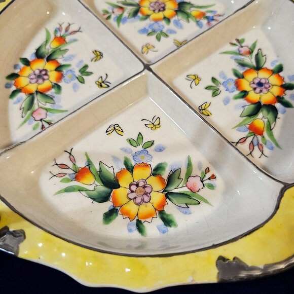 Vintage Ceramic Divided Serving Dish With Floral Design & Wicker Handle - Picture 11 of 16